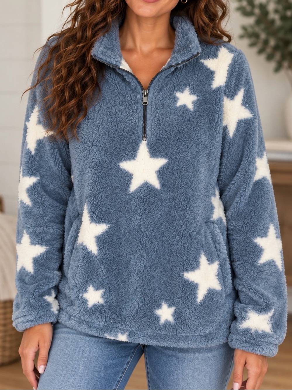 Hem & Thread Cozy Star Half-Zip Pullover - Blue-Small NWOT